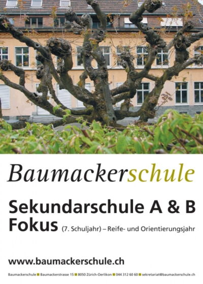 Werbung für die Baumackerschule in den Zürcher Trams (Kleinplakat im Format 25 x 35cm).