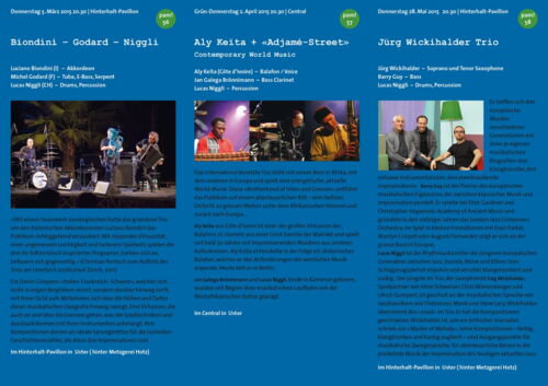 Eine Konzertreihe im Central Uster - pam spring - Flyer mit den pam-Konzerten 56, 57, und 58 im Frühling 2015. 6-seitiger Leporello